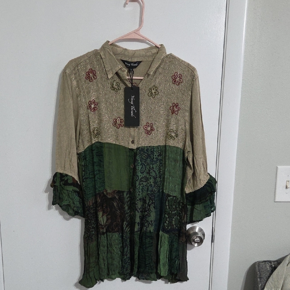 Embroidered Patchwork Button Down Shirt - Green a… - image 6